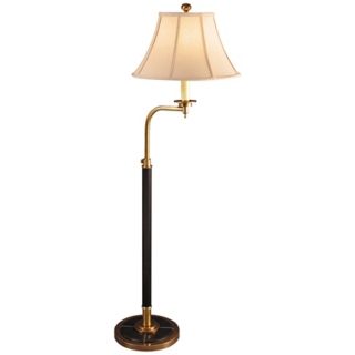 Markham Antique Brass Black Leather Adjustable Floor Lamp   #V0548