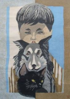 Original 1965 Junichiro Sekino (1914 1988) Woodblock Boy Dog Cat Print