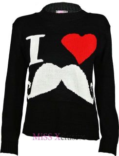 Womens Ladies I Love Mustache Knitted Jumper One Size 8 12