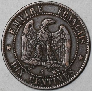 1862 K 10 Centimes France Napoleon III 2nd Empire Nice Grade