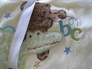 JUST BORN BABY BLANKET YELLOW GREEN VELOUR REVERSIBLE ABC WITH BEAR