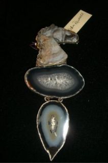 Amy Kahn Russell Sterling Framed Hand Carved Brazilian Agate Drusy Pin