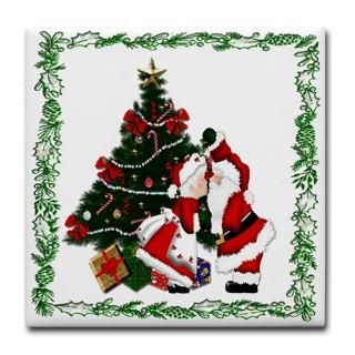 Santa & Mrs Claus Tile Coaster , a holly bordered tile set with a xmas
