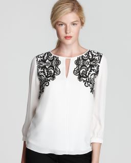 Tibi Blouse   Split Neck Printed Lace