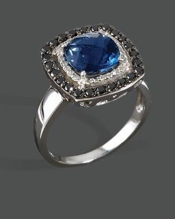 Diamond, Black Diamond And London Blue Topaz Ring In 14K White Gold