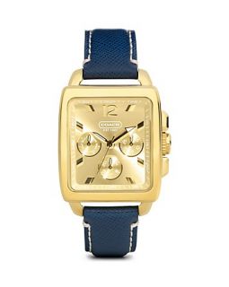 COACH Boyfriend Square Gold Plated Watch with Navy Strap, 32mm