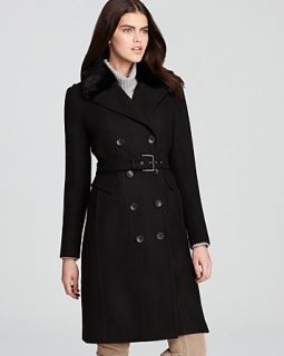 Andrew Marc Double Breasted Belted Trench with Fur Collar