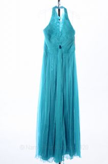 Kathy Hilton 8 M Turquoise Crinkle Silk Ruffle Halter Gown Ruched
