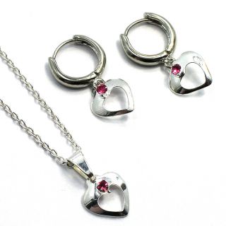 Set Sterling Silver Filled 925 Hoop Earrings Heart Baby Pink Crystal
