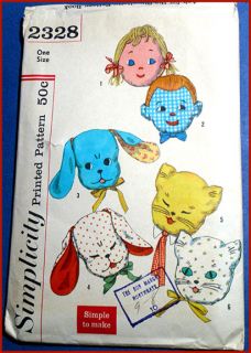 Vintage 50s Kids Play Pillows Pattern Transfers Cat Dog Boy Girl Doll