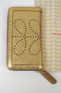 Orla Kiely New Gold Sparkle Leather Perforated Stem Big Zip Wallet