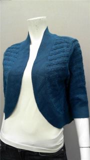 Kim Rogers Ladies Womens L Crochet Open Front Shrug Sweater Blue Solid
