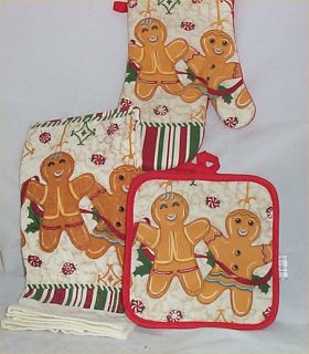 Gingerbread Kitchen Towels Oven Mit Hot Pads Christmas Decor Holiday