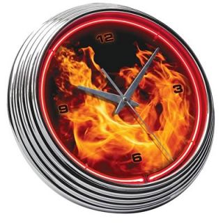 Clock Wall Mounted Red Neon Chrome Bezel Flames AA Battery 110 V AC 15