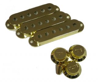 Strat Pickup Covers and Knobs Gold Complete Set