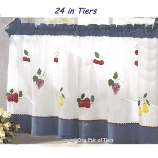 Kitchen Curtain Puffy Fruit Tiers White Blue Cherry Pear Grapes Apples