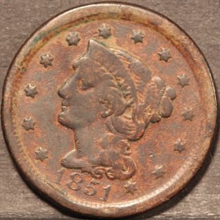 1851 BRAIDED HAIR LARGE CENT, NICELY CIRCULATED, TUFF EARLY COIN AS