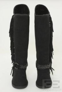 Koolaburra Audrey Tall Black Suede Fringe Shearling Boots Size 8 New