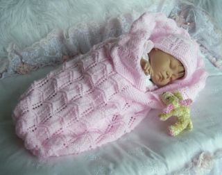 Knitted Lacy Papoose Cocoon Hat Set 0 3M Baby Girl 17 23 Reborn Baby