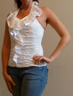Miss Kelly White Lacey Lacy Satiny Halter Top s M L