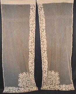 LONG 2 PAIR EMBROIDERED ECRU TAMBOUR NET LACE CURTAIN PANELS 87 x 34