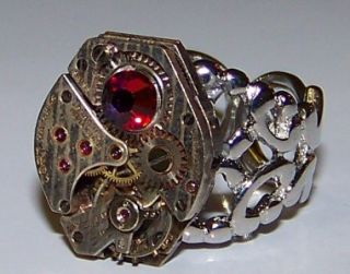 Volcano Red Steampunk Vintage Watch Gear Ring Jewelry Published