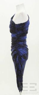 Laila Azhar Black & Blue Print Jersey Knit Ruched One Shoulder Dress