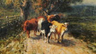Ryder Impressionist Cows on Path Landscape Painting Gilt Frame