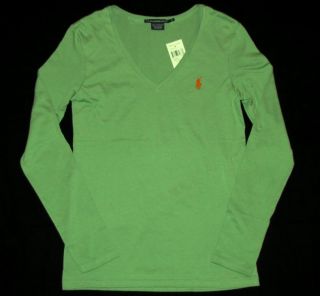 Ralph Lauren Womens Tee T Shirt XL Green Cotton Long Sleeve V Neck New
