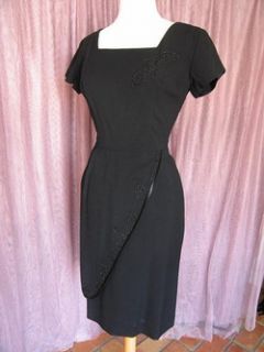 50s LBD Little Black Crepe Lawrence Dress s M Beaded Satin Trim