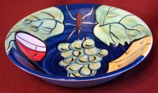 Blue Hand Painted Bowl Grapes Wine Glass Cheese Decor