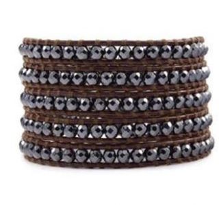 Chan Luu Brown Leather Hematite Crystal Beads Wrap Bracelet