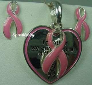Breast Cancer Ribbon Pendant Slide Earring Free Bracelet