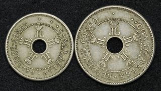 1909, Belgian Congo, Leopold II. Copper Nickel 5 + 10 Centimes Coins