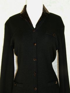 Nina Leonard Long Black Button Fr Knit Sweater Dress M Leopard Trim