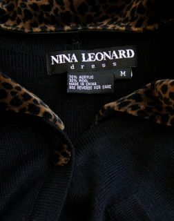Nina Leonard Long Black Button Fr Knit Sweater Dress M Leopard Trim