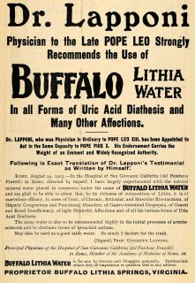Lapponi Pope Leo XIII Buffalo Lithia Water Original Advertising
