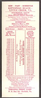 Kiptopeke Beach Little Creek Ferry Schedule Card 1954