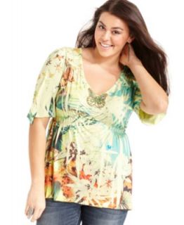 One World Plus Size Top, Short Sleeve Printed Babydoll with Butterfly