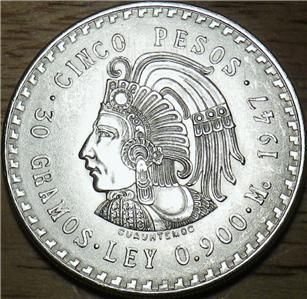 1947 Mexico Silver 5 Pesos Very Large High Quality UNC Coin Look
