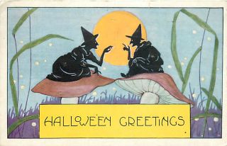 Halloween Two Witches Sitting on Mushrooms Moon mailed 1921 K16661