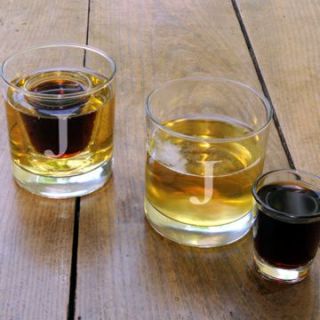 two 8 ounce lowball glasses and two 1 ounce shot glasses