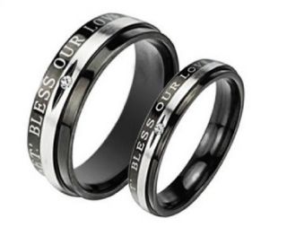 Steel Wedding Band Lets Bless Our Love Engraved w/GEM Couple Rings