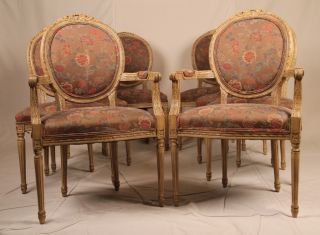 Set of Eight Louis XVI French Antique Style Upholstered Dining Arm