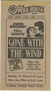1941 Movie Theater Schedule Card Gone with The Wind Clark Gable Vivien