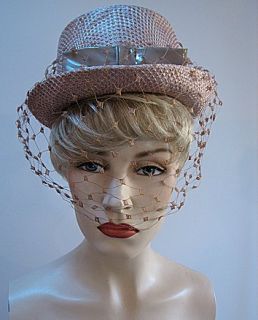 Ladies Vintage Hat Mauve Beige w Veil Louise 550