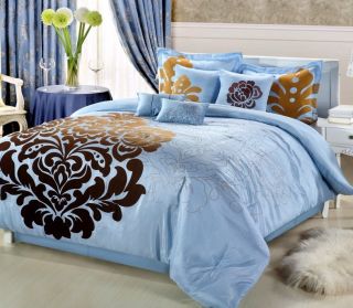 8PC Luxury Bedding Comforter Set Lakhani Brown Blue