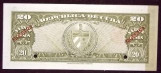 1958 Cuba 20 Pesos Pick 80S2 MUESTRA Very RARE Crisp UNC Specimen Note