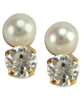 Childrens 14k Gold Earrings, Cultured Freshwater Pearl and Cubic