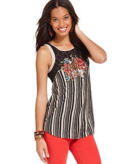 Free People Top, Sleeveless Scoop Neck Lace Floral Striped Tank